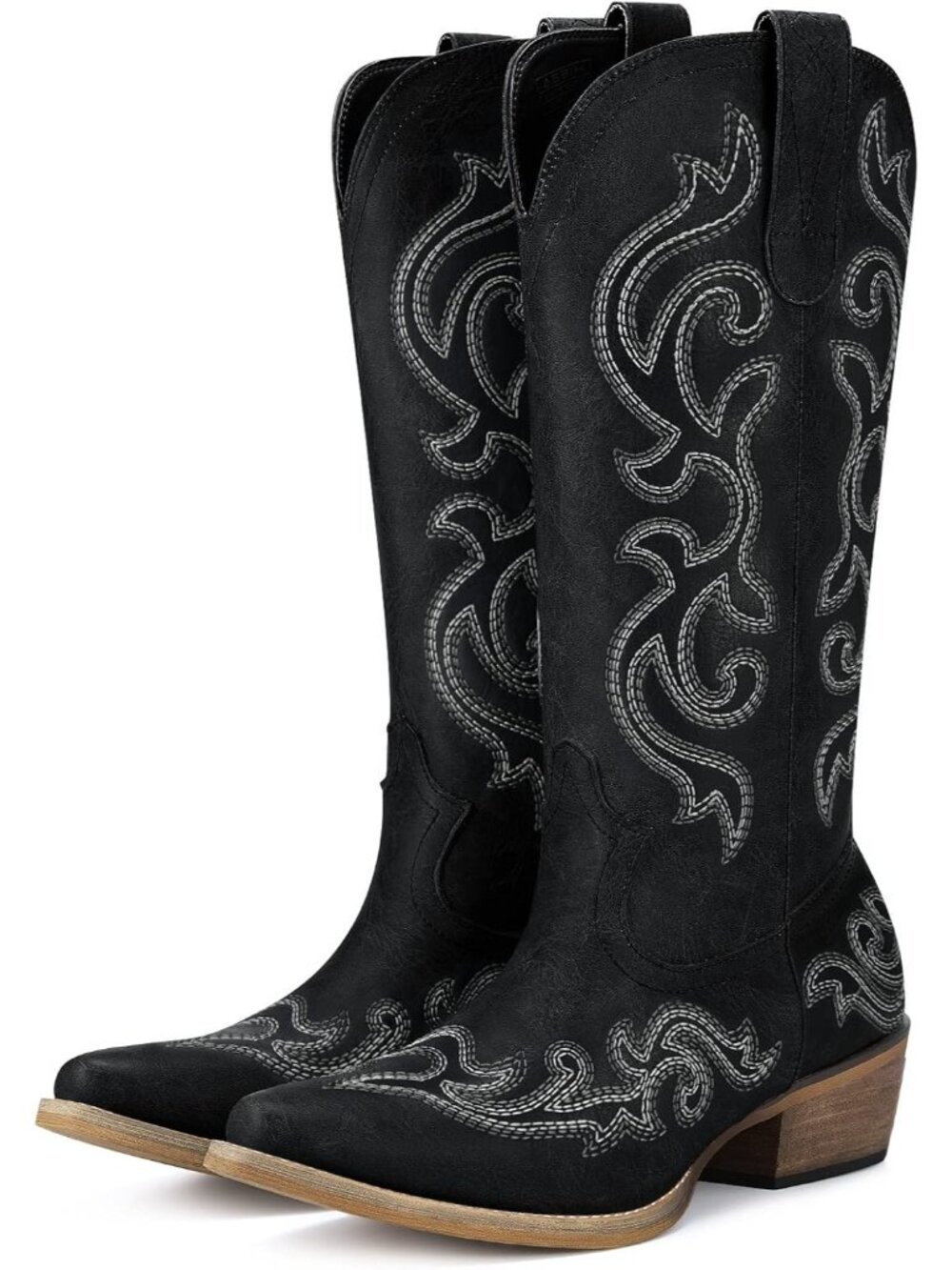 Women's Metal Black Floral Embroidery Snip Toe Mid Calf Chunky Heel Cowgirl Boot